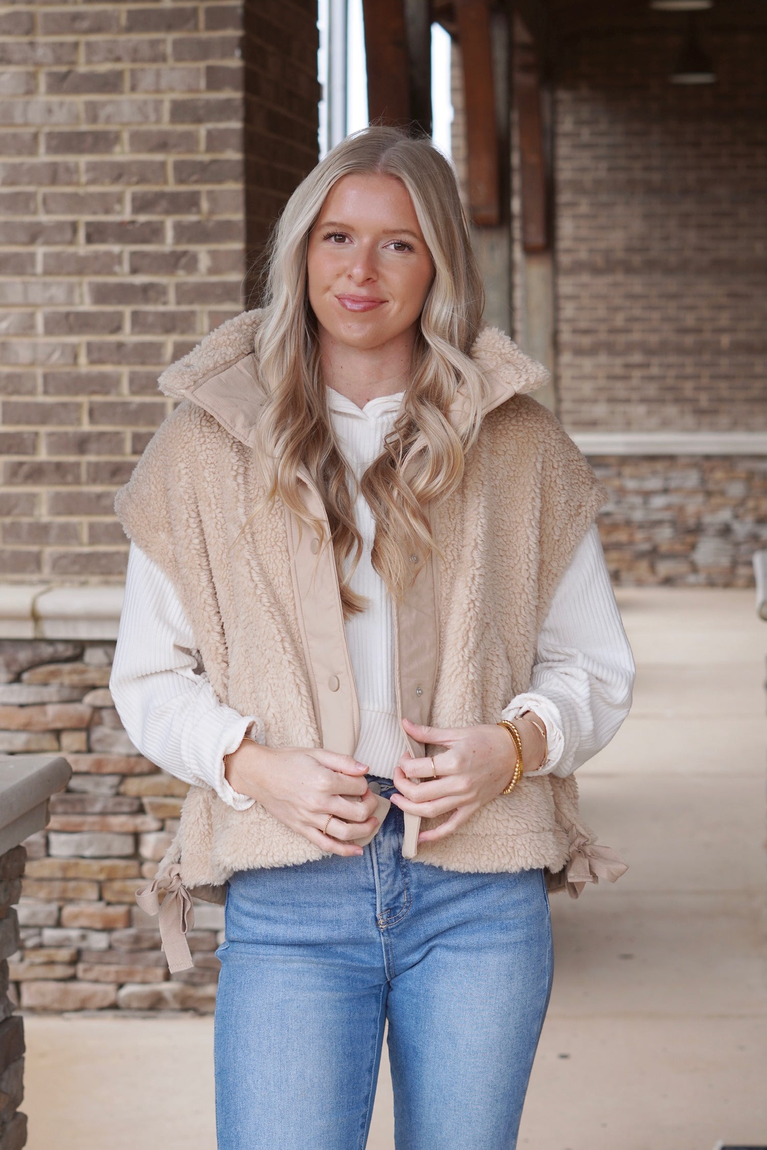 Cozy Sherpa Button Up Vest, Button Down, Sherpa, Pockets, Sleeveless, Colors: Beige, Full Length, Oversized