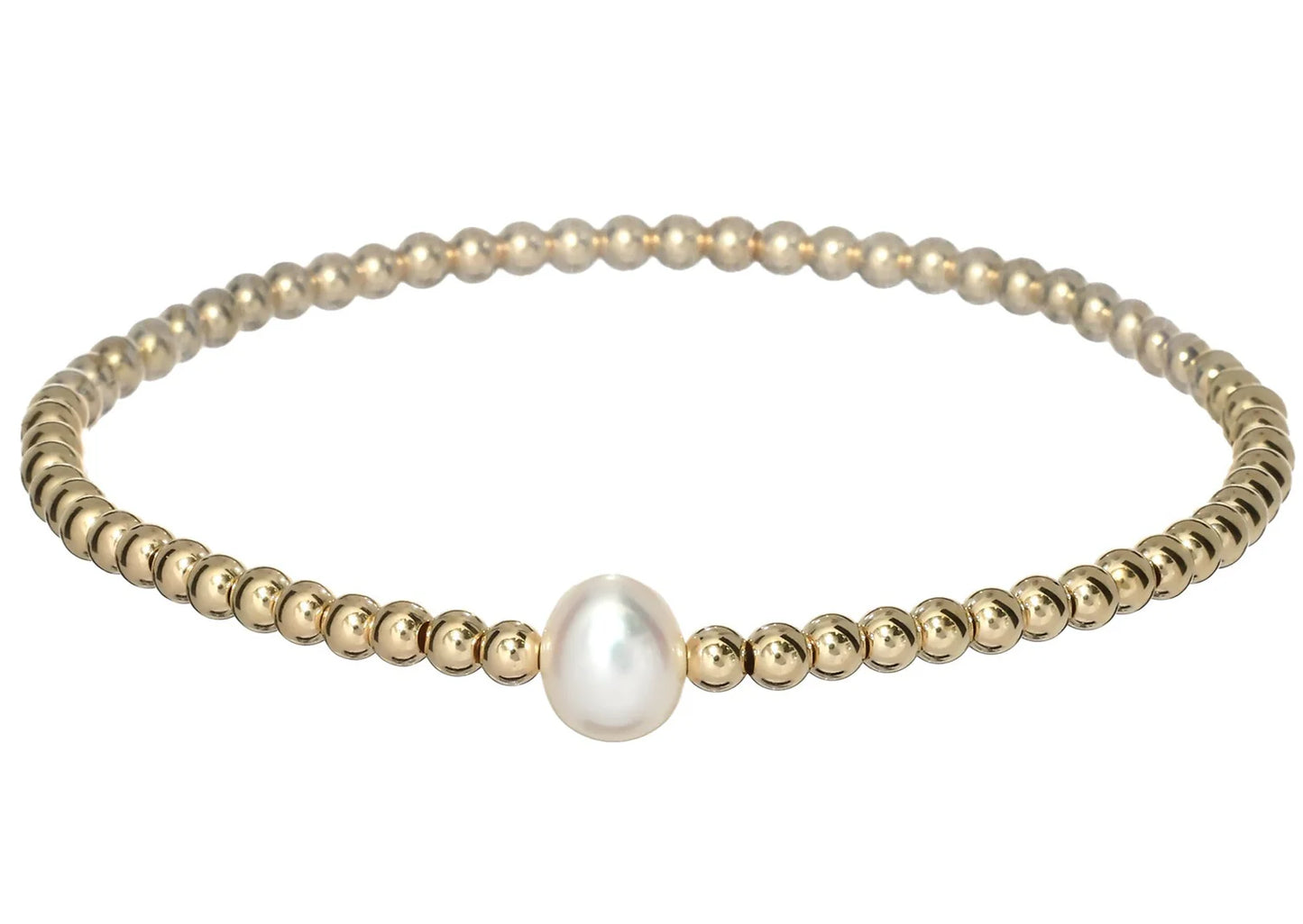 gold beaded bracelet with one pearl BEADS: CLASSIC 3MM &amp; FRESHWATER PEARLS GOLD: 14K GOLD FILLED