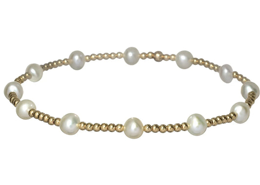 Gold Beaded Bracelet, Large Round White Pearls Spaced Evenly Throughout, Waterproof, Tarnish Free, Elastic Band