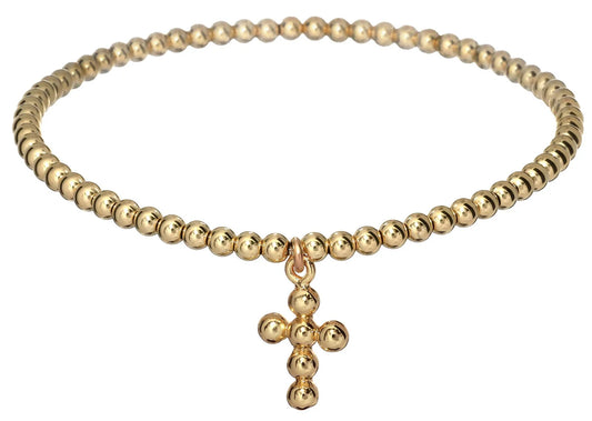 gold beaded bracelet with beaded cross charm BALL BEAD MATERIALS:&nbsp;&nbsp;14K GOLD FILLED, STERLING SILVER OR ROSE GOLD &nbsp;PENDANT MATERIAL:&nbsp;18KG PLATED ON STERLING SILVER&nbsp;(GOLD ONLY) &nbsp;STRETCHY LENGTH:&nbsp;6.5" OR 7"