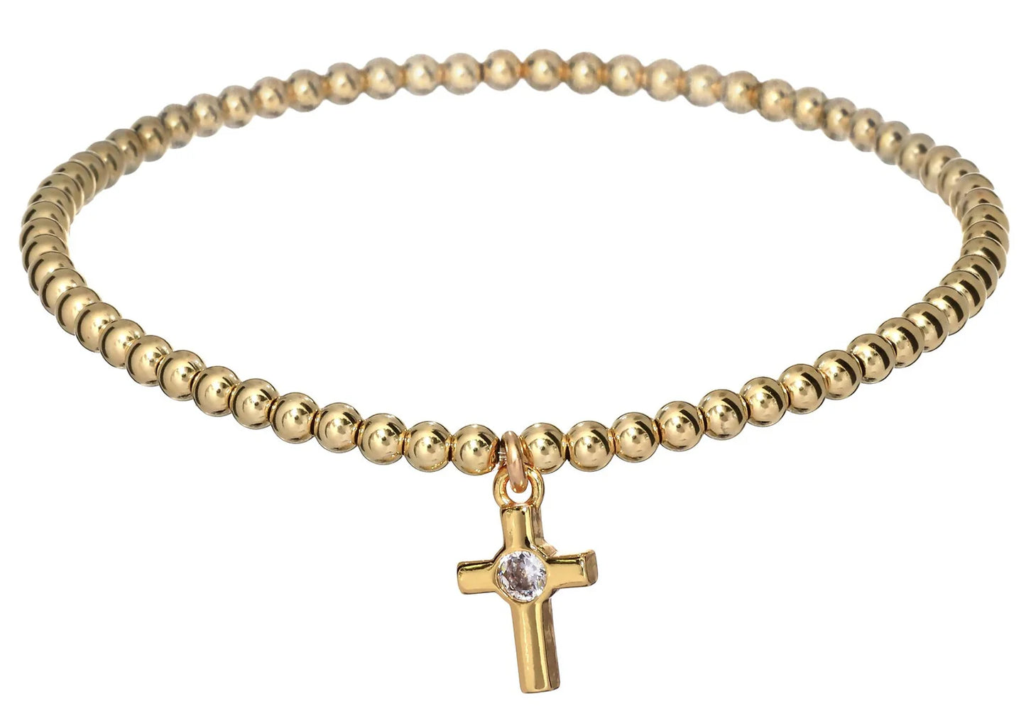 gold beaded bracelet with cross charm