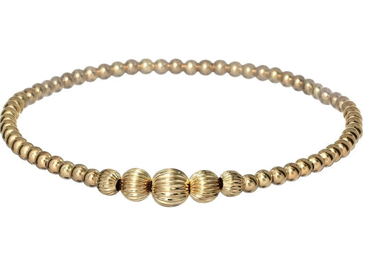 5 ball beaded gold bracelet BEADS: CLASSIC 2MM &amp; CORRUGATED 4MM/5MM/6MM GOLD: 14K GOLD FILLED HIGH PERFORMANCE ELASTIC