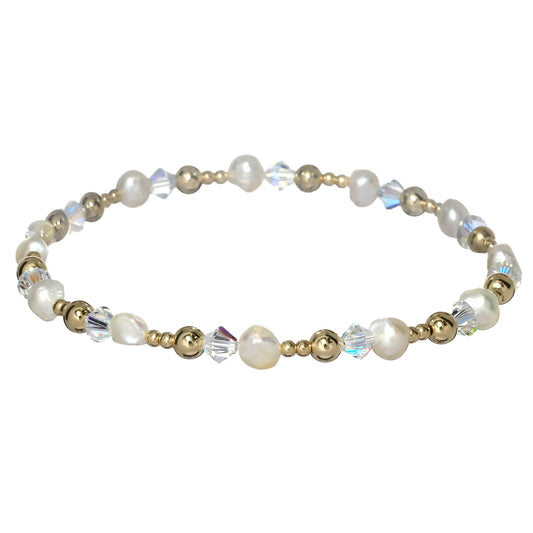 pearl crystal and gold beaded bracelet MATERIALS: 14K GOLD FILLED, 14K ROSE GOLD FILLED, OR STERLING SILVER STONES: FRESHWATER PEARL &amp;&nbsp; CRYSTALS BALL BEAD SIZE: 2MM &amp; 4MM STRETCHY LENGTH: 7"