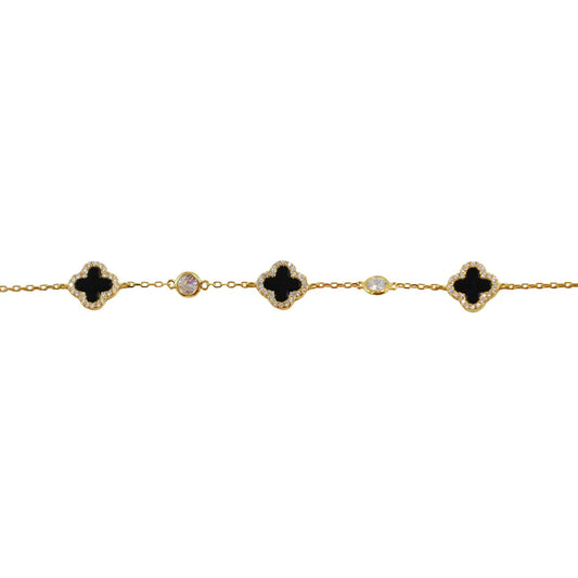 Gold Chain Bracelet, Three Black Onyx Clover Charms, Two Clear Stones, Length: 6.75" + 1" EXT