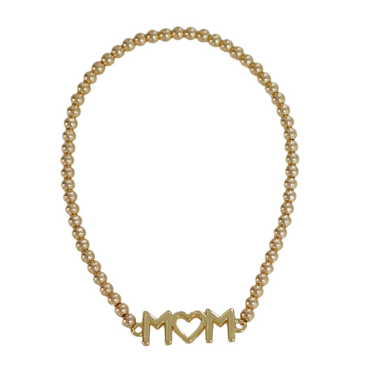 Gold Beaded Bracelet, "MOM" Charm With Heart Charm Replacing "O"