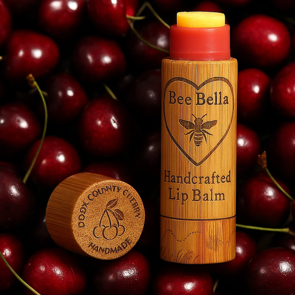 Bee Bella Lip Balm, Delivers Instant Hydration, Long-Lasting Comfort, Creates a Protective Barrier, Small and Good For Travel, Brown/Wood-Like Handcrafted Packaging, Cherry Scent. 