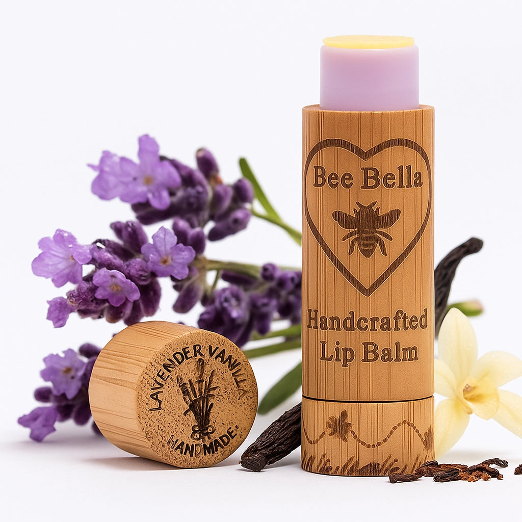 Bee Bella Lip Balm, Delivers Instant Hydration, Long-Lasting Comfort, Creates a Protective Barrier, Small and Good For Travel, Brown/Wood-Like Handcrafted Packaging, Lavender Vanilla Scent. 