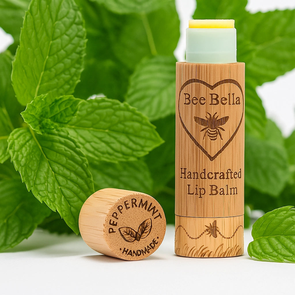 Bee Bella Lip Balm, Delivers Instant Hydration, Long-Lasting Comfort, Creates a Protective Barrier, Small and Good For Travel, Brown/Wood-Like Handcrafted Packaging, Peppermint Scent. 