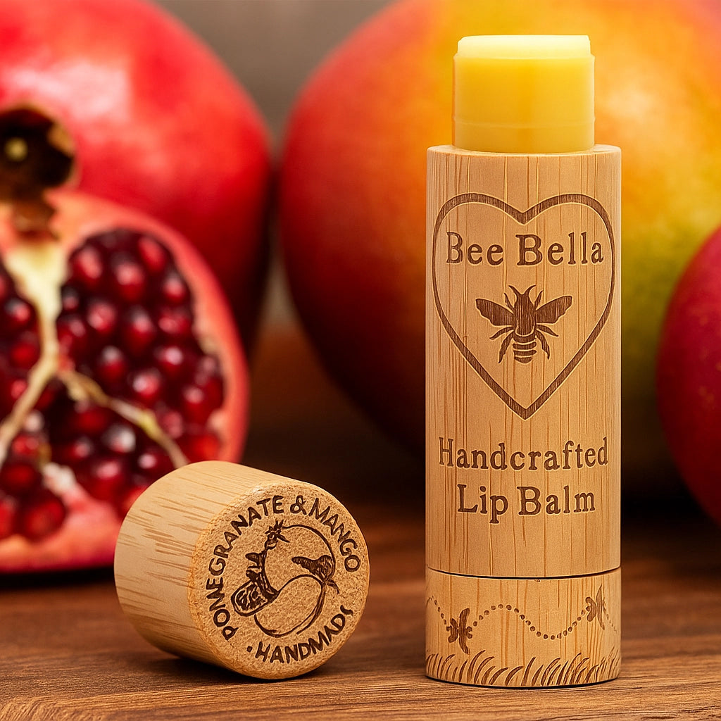 Bee Bella Lip Balm, Delivers Instant Hydration, Long-Lasting Comfort, Creates a Protective Barrier, Small and Good For Travel, Brown/Wood-Like Handcrafted Packaging, Pomegranate & Mango Scent.