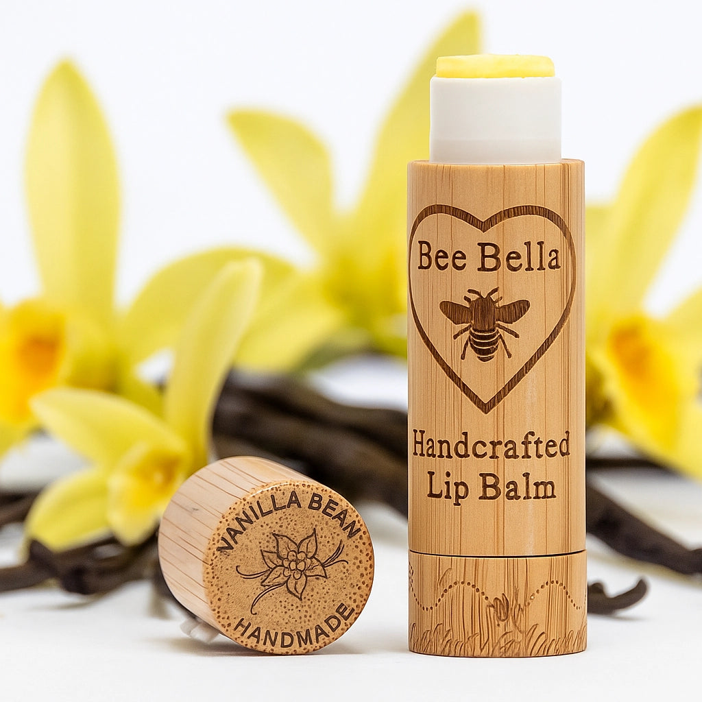 Bee Bella Lip Balm, Delivers Instant Hydration, Long-Lasting Comfort, Creates a Protective Barrier, Small and Good For Travel, Brown/Wood-Like Handcrafted Packaging, Vanilla Bean Scent.