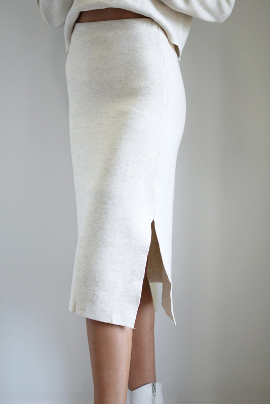 Serena Sweater Skirt Elastic Waistline Side Slits Below the Knee length Color/ Cream Skirt layer underneath