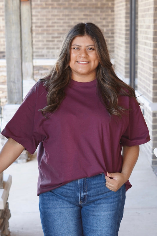 Allie Oversized Basic T-Shirt, Round Neckline, Short Sleeves, Full Length, Relaxed Fit, Colors: Cherry