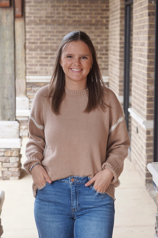 Millie Mocha Long Sleeve Sweater, Round Neckline, Long Sleeves, Full Length, Color: Mocha, Relaxed Fit. 