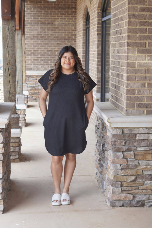 Black Short Sleeve Dress, Round Neckline, Textured Fabric, Below Knee Length, Relaxed Fit