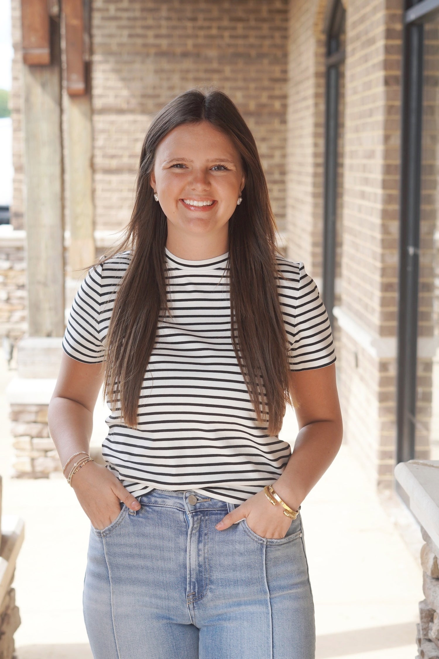 black and white striped t-shirt, crew neckline, short sleeve, waistline length, relaxed fit. 