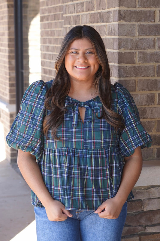 Baby Doll Top, Round Neckline, Baby Doll Style, Short Puff Sleeves, Plaid
Green based plaid with red and blue, Bow Detail