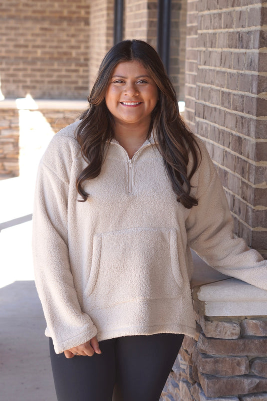 Fleece Half Zip Pullover, Collar Neckline, Long Sleeves, Sherpa, Full Length, Pocket, Natural