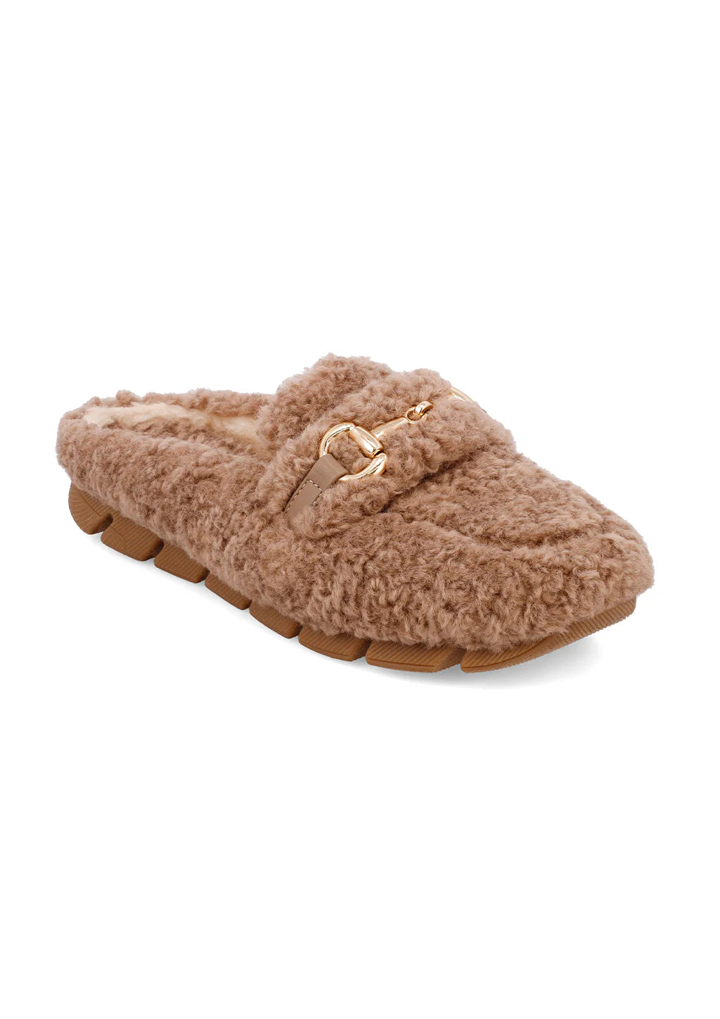 Cocoa fuzzy camel slipper, gold buckle, brown fuzzy slipper, rubber sole