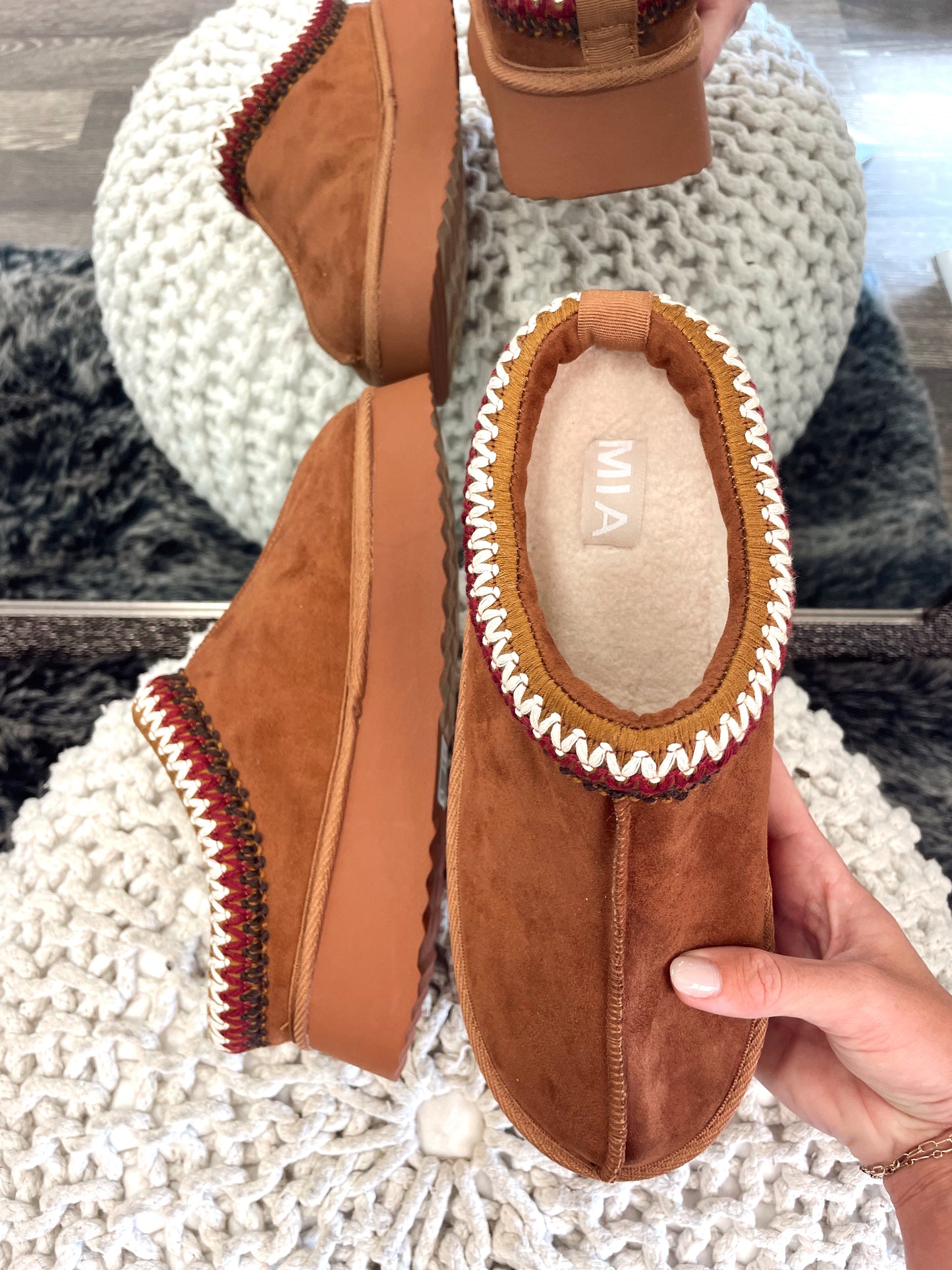 The Cognac Cozy Slipper is an essential for Fall and Winter! Wear these around the house or out running errands! Feel cozy and look cute!, Faux Leather, Platform Slipper, Color Cognac.