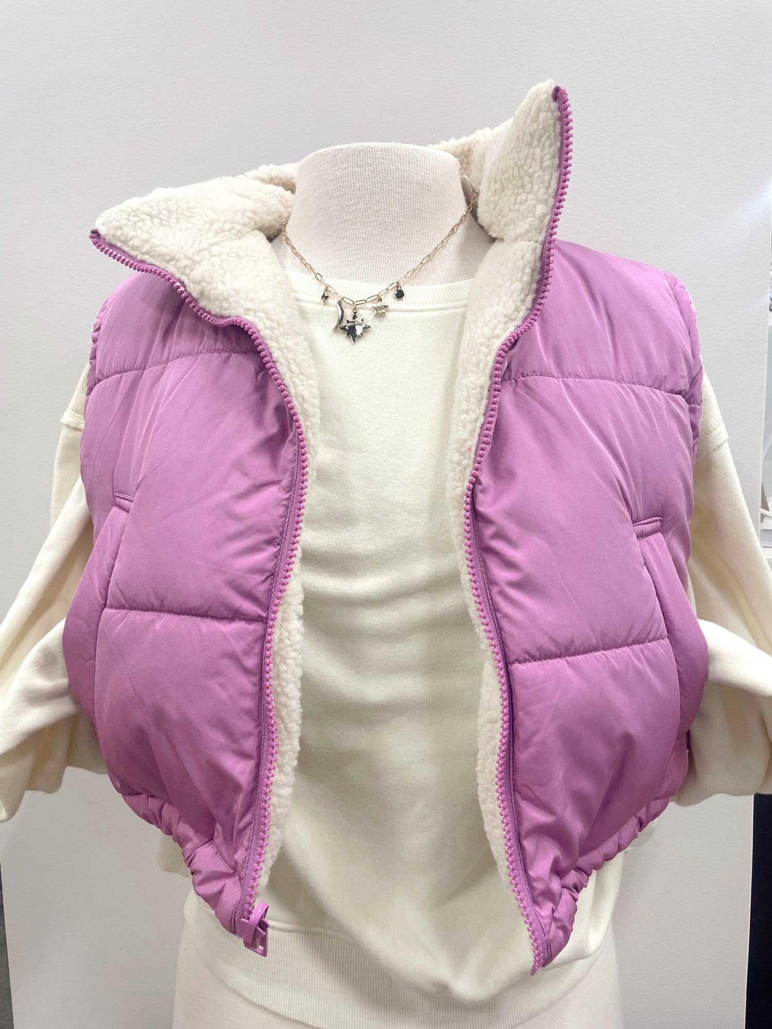 The Perfect Puffer Vest Collared Neckline Sleeveless Teddy Fur Lined Color: Purple Cropped Pockets Zipper Closure