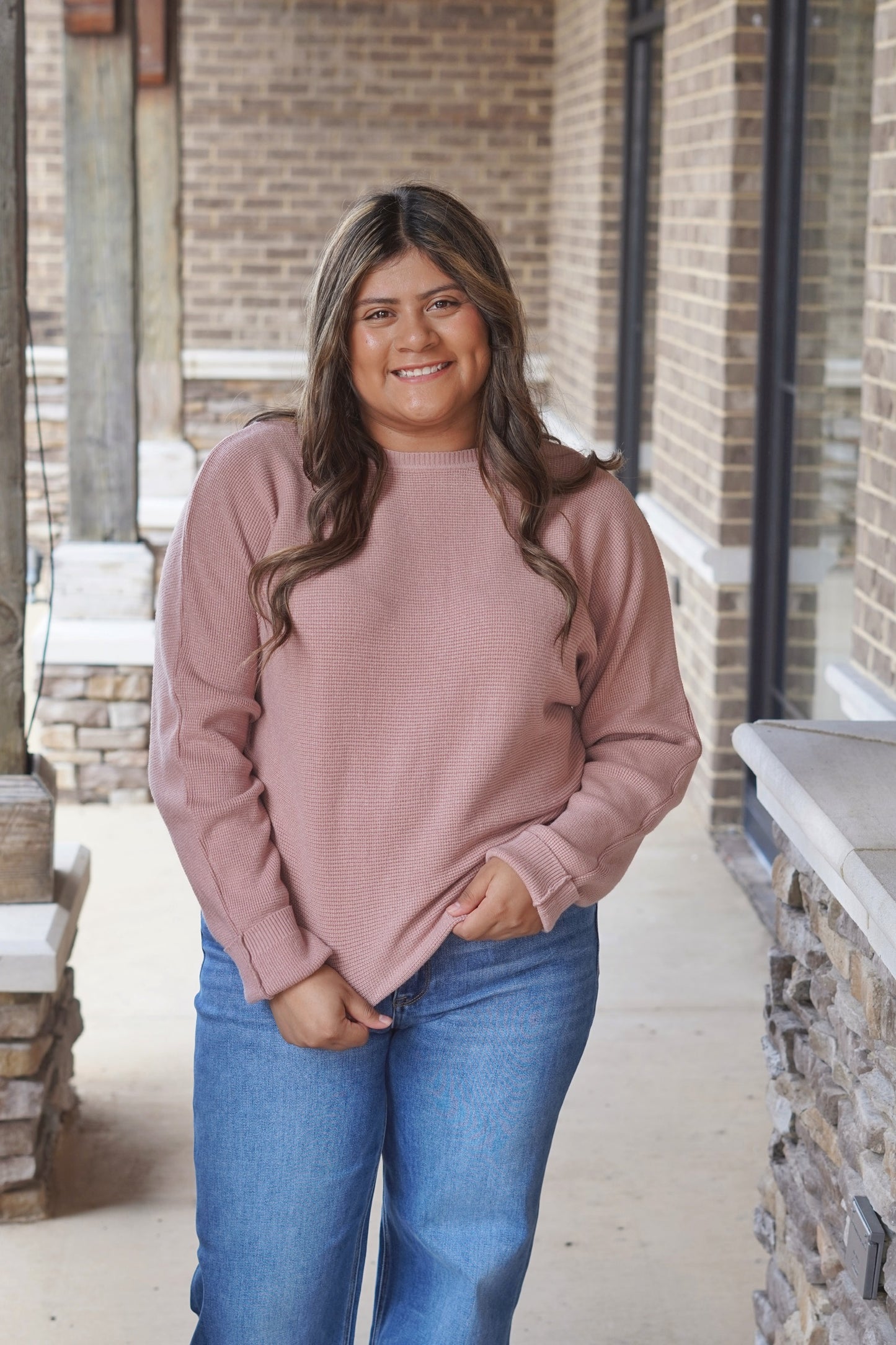 Willow Waffle Textured Long Sleeve, Round Neckline, Long Sleeves, Relaxed Fit, Waffle Knit Material, Colors: Dusty Rose