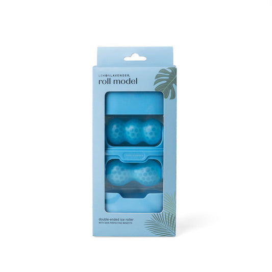 Blue ice roller with “W” end and “V” end displayed in the packaging.