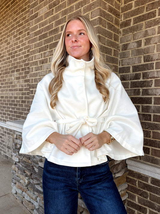 Luxe Ivory Mock Neck Belted Cape Coat