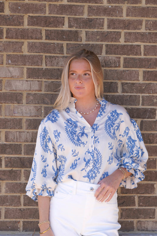 Button Down Blouse, V Neck, 3/4 Length Sleeve, Cream and Blue Color, Relaxed Fit