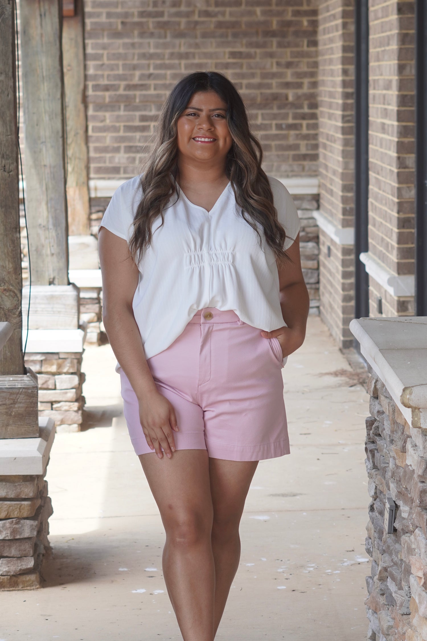 White Blouse, V Neck, Short Sleeve, Cinched Front,  White Color, Relaxed Fit
