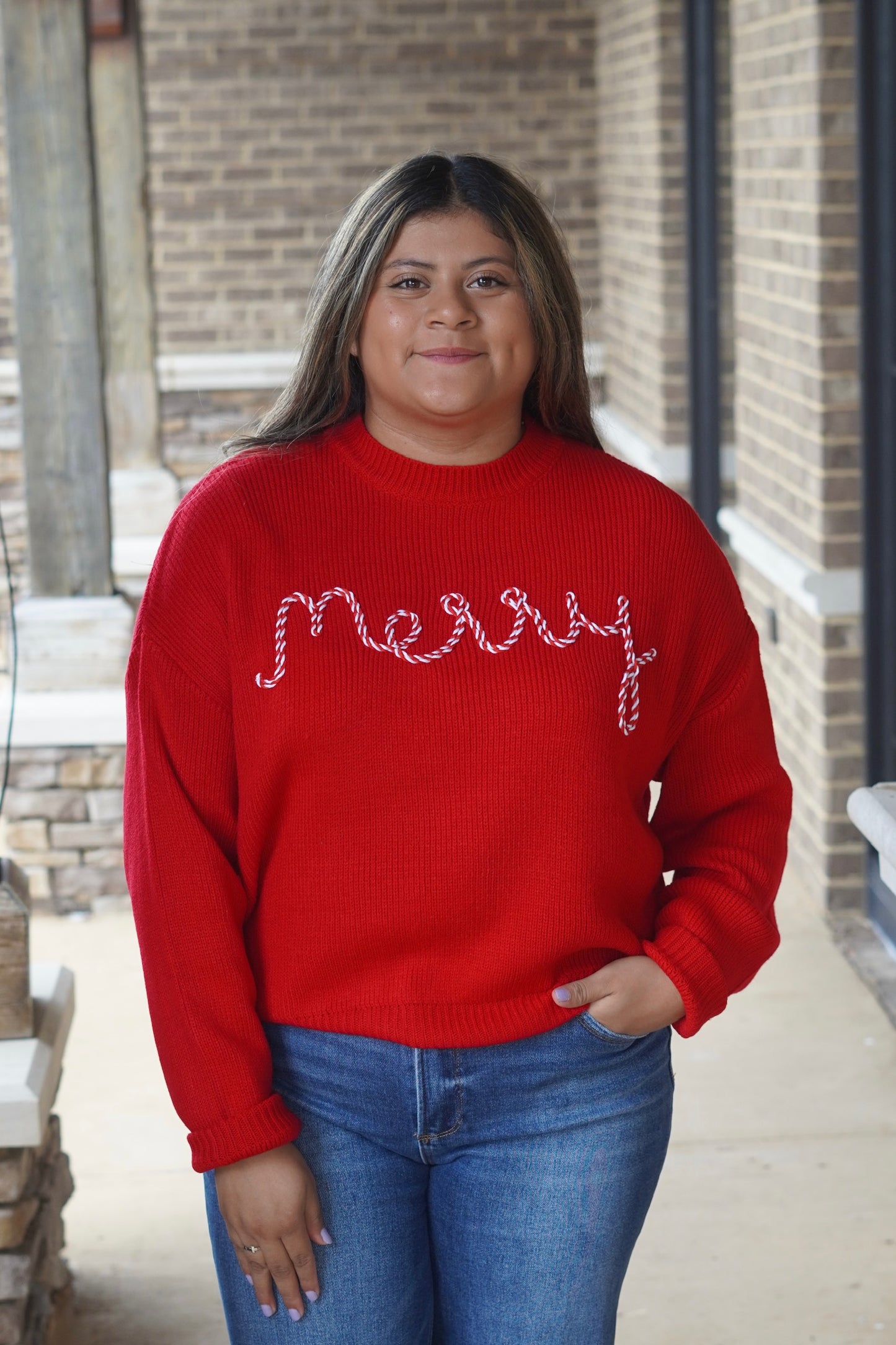 Candy Cane "Merry" Sweater, Round Neckline, Long Sleeves, Relaxed Fit, "Merry" Lettering, Knit Sweater, Color: Red, Full Length
