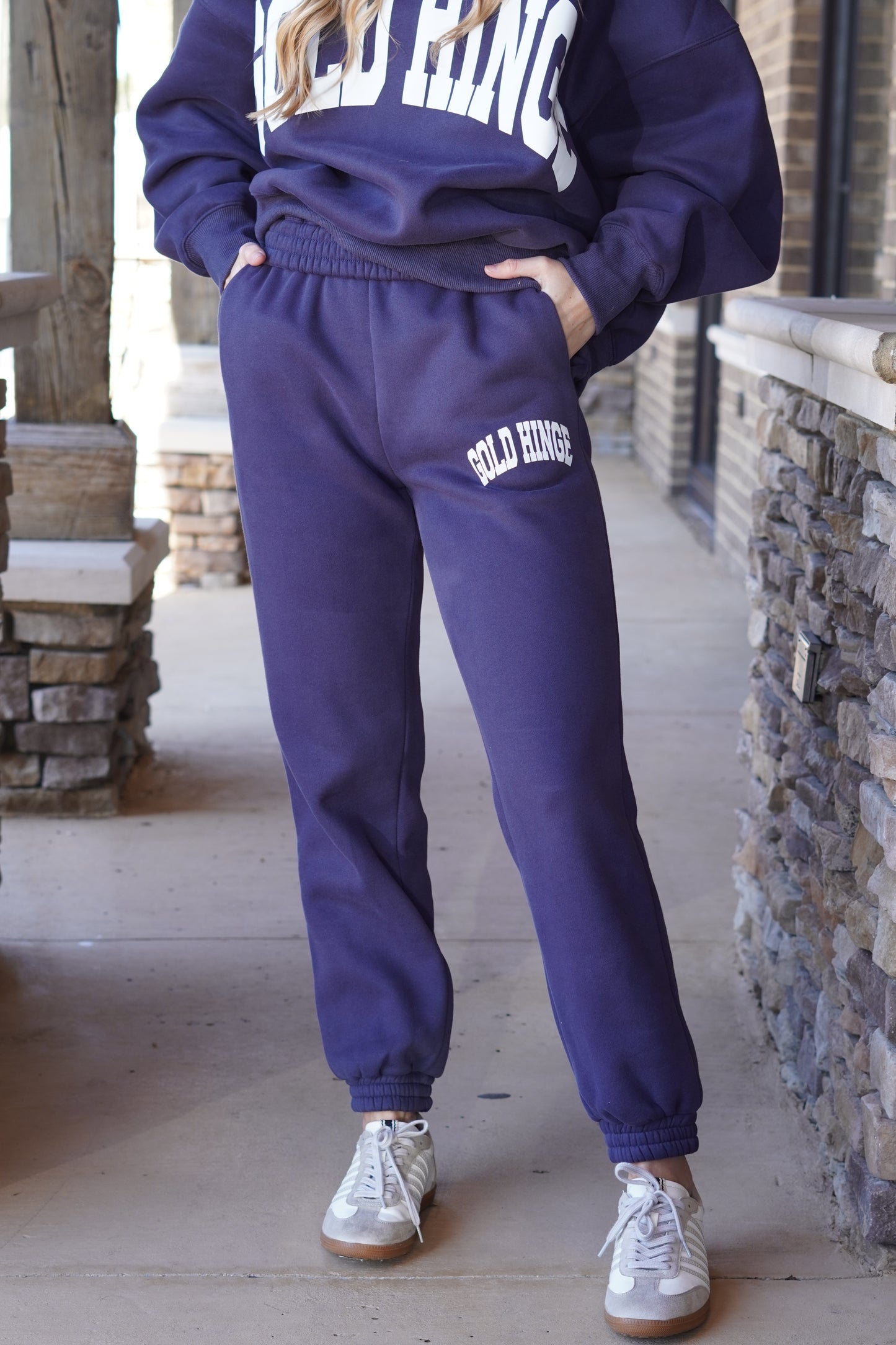Gold Hinge Sweatpants, Elastic Waistband, Cinched Jogger Ankle, Dual Side Pockets, Gold Hinge Logo, Loose Fit, Navy/Denim Color
