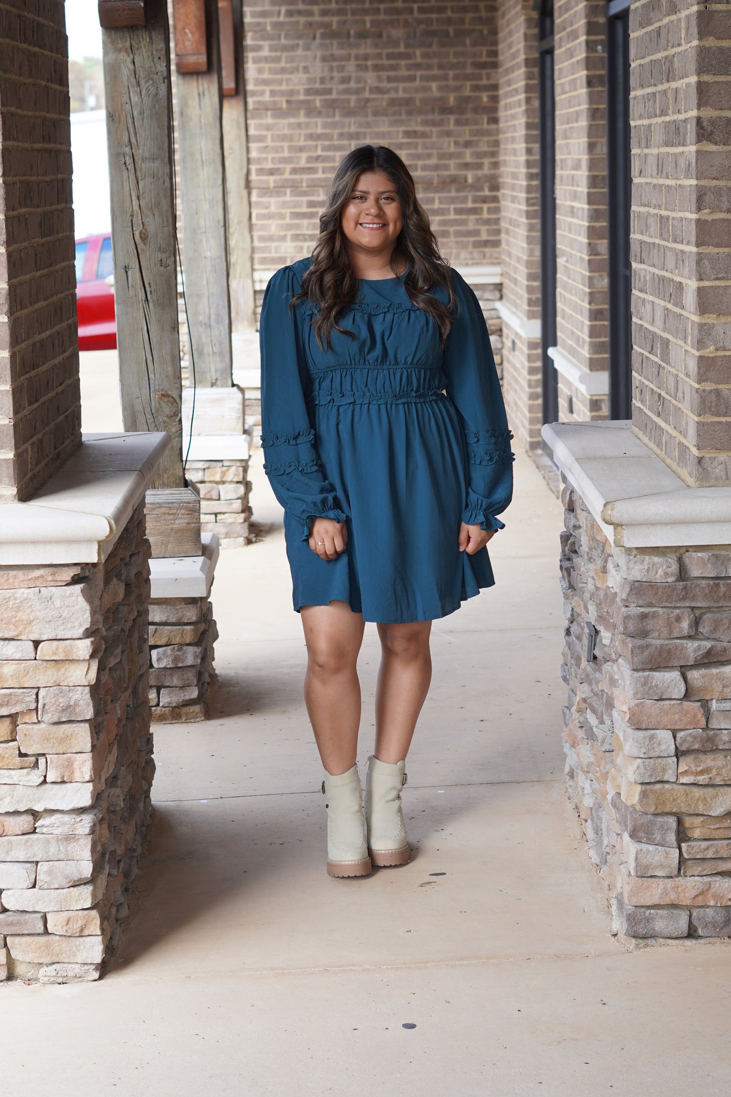 Women wearing a Green Long Sleeve Mini Dress, Round Neckline, Flowy, Ruffle Details