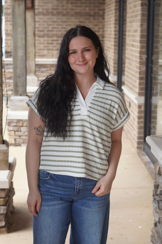 Olive Stripe Collar Top