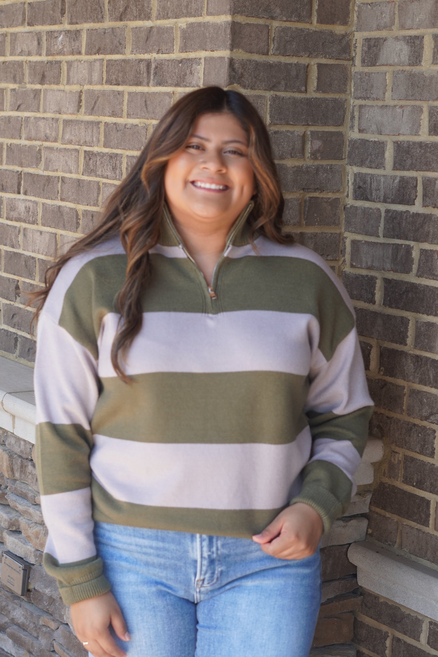 Olive Striped Quarter Zip Pullover