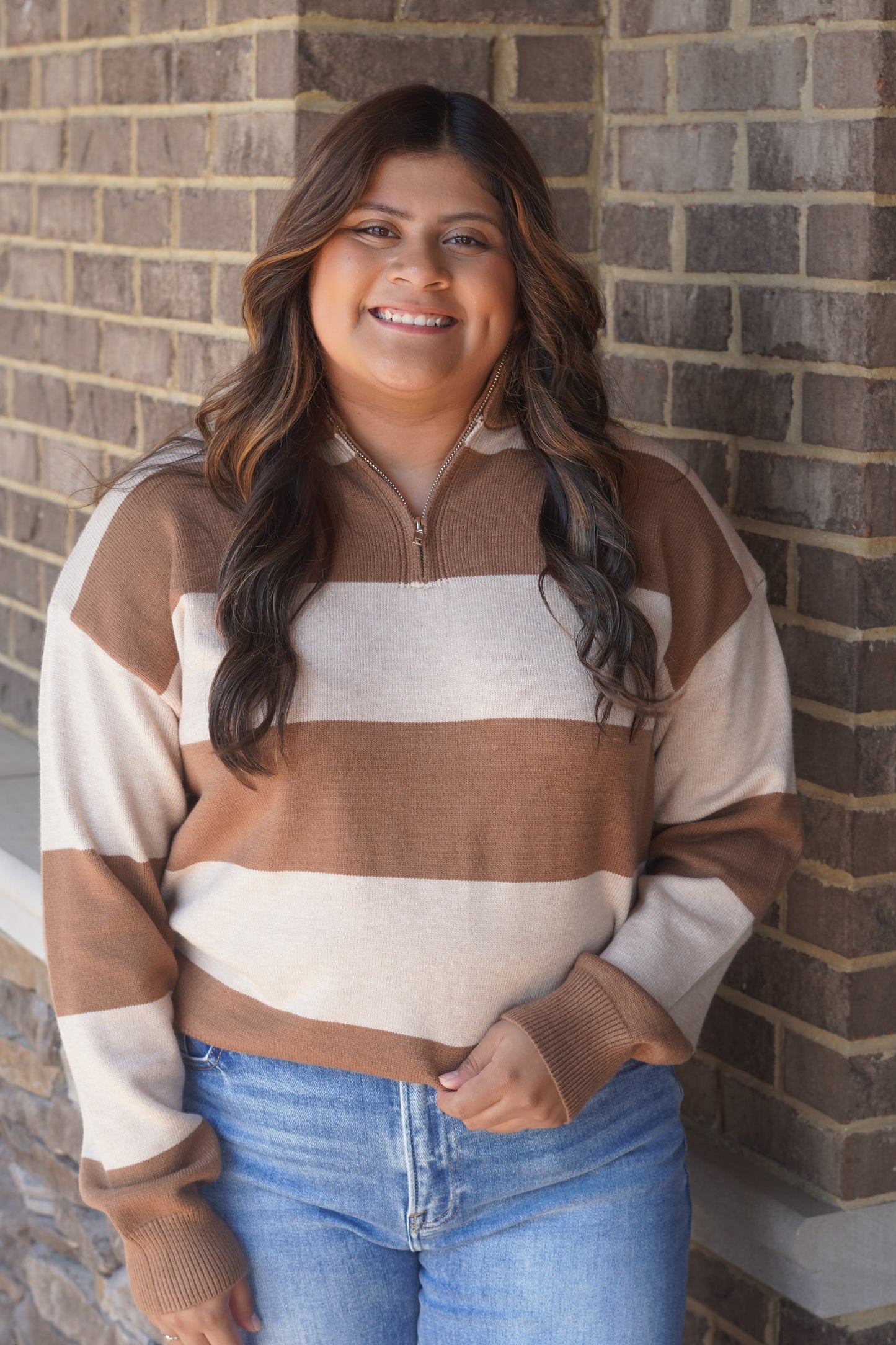 Caramel Striped Quarter Zip Pullover