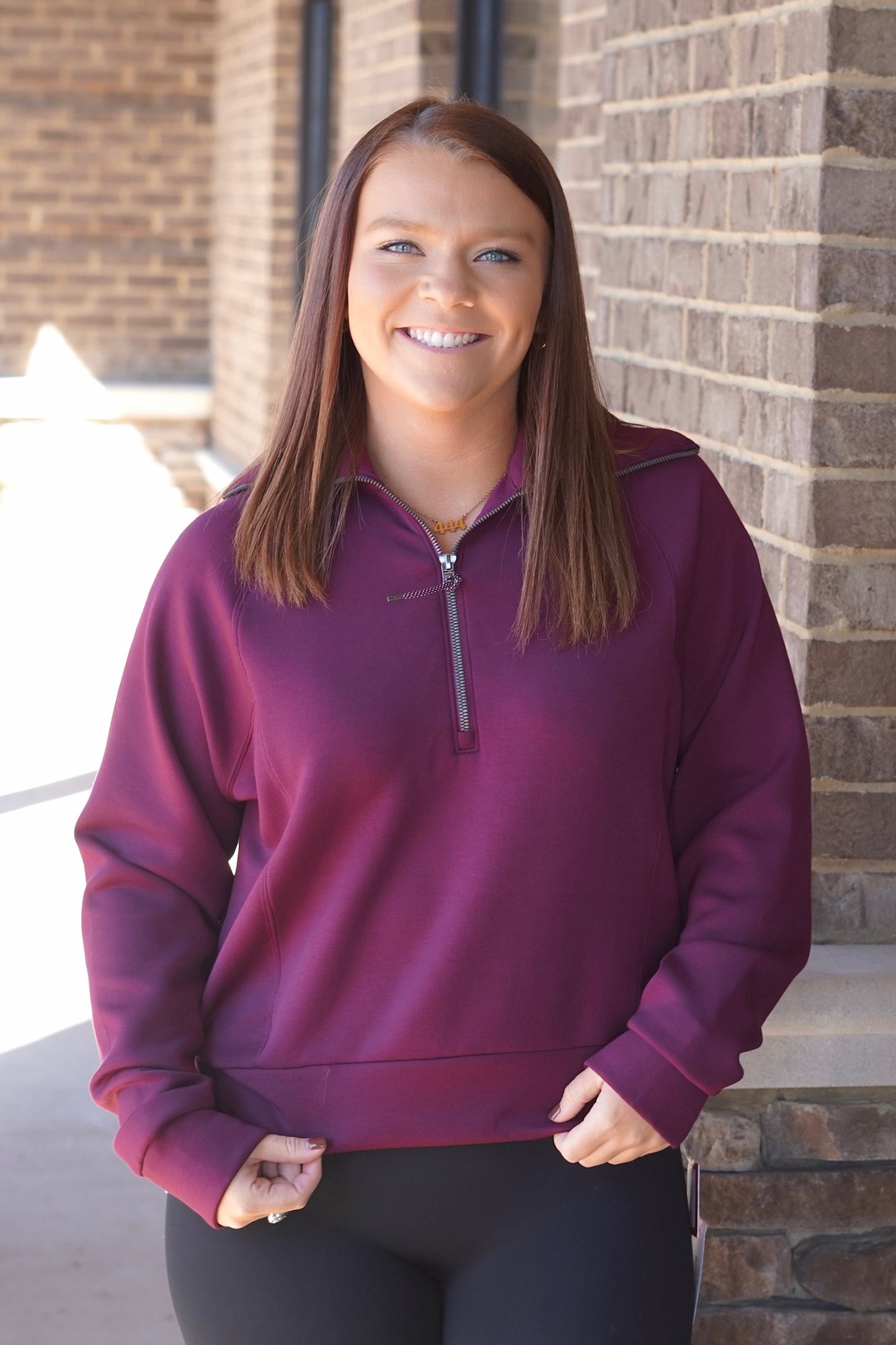 Spanx AirEssentials Half Zip, Collar Neckline, Long Sleeve, Plum Berry