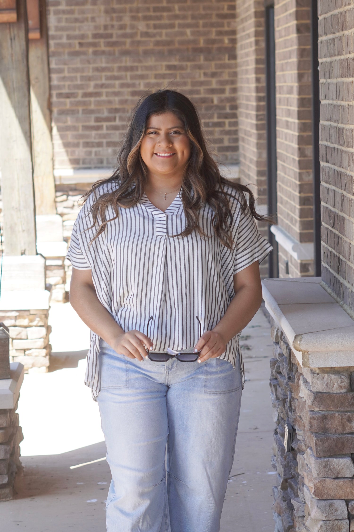 Striped Blouse, V Neck, Short Sleeve, White and Gray Color, Relaxed Fit