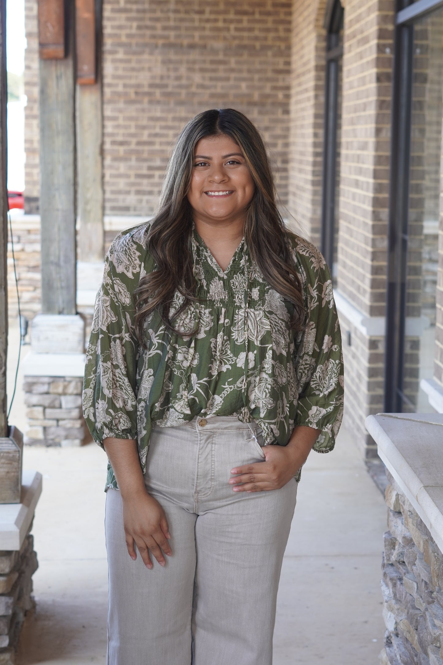 Farrah Printed Floral Blouse, V-Neckline, Front Tie, Long Sleeves, Flowy, Colors: Green, True To Size