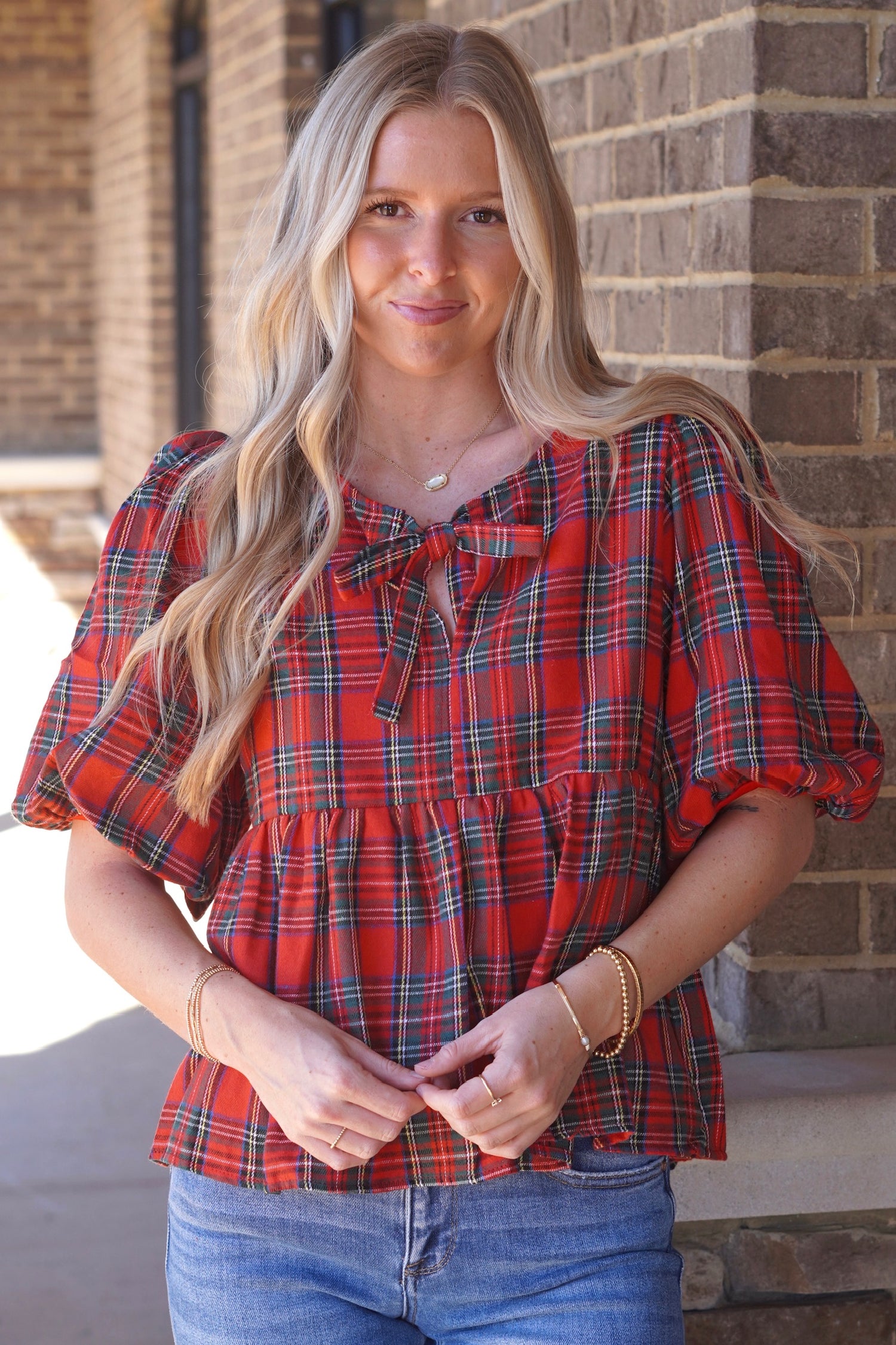 Baby Doll Top, Round Neckline, Baby Doll Style, Short Puff Sleeves, 
red based plaid with green, Bow Detail