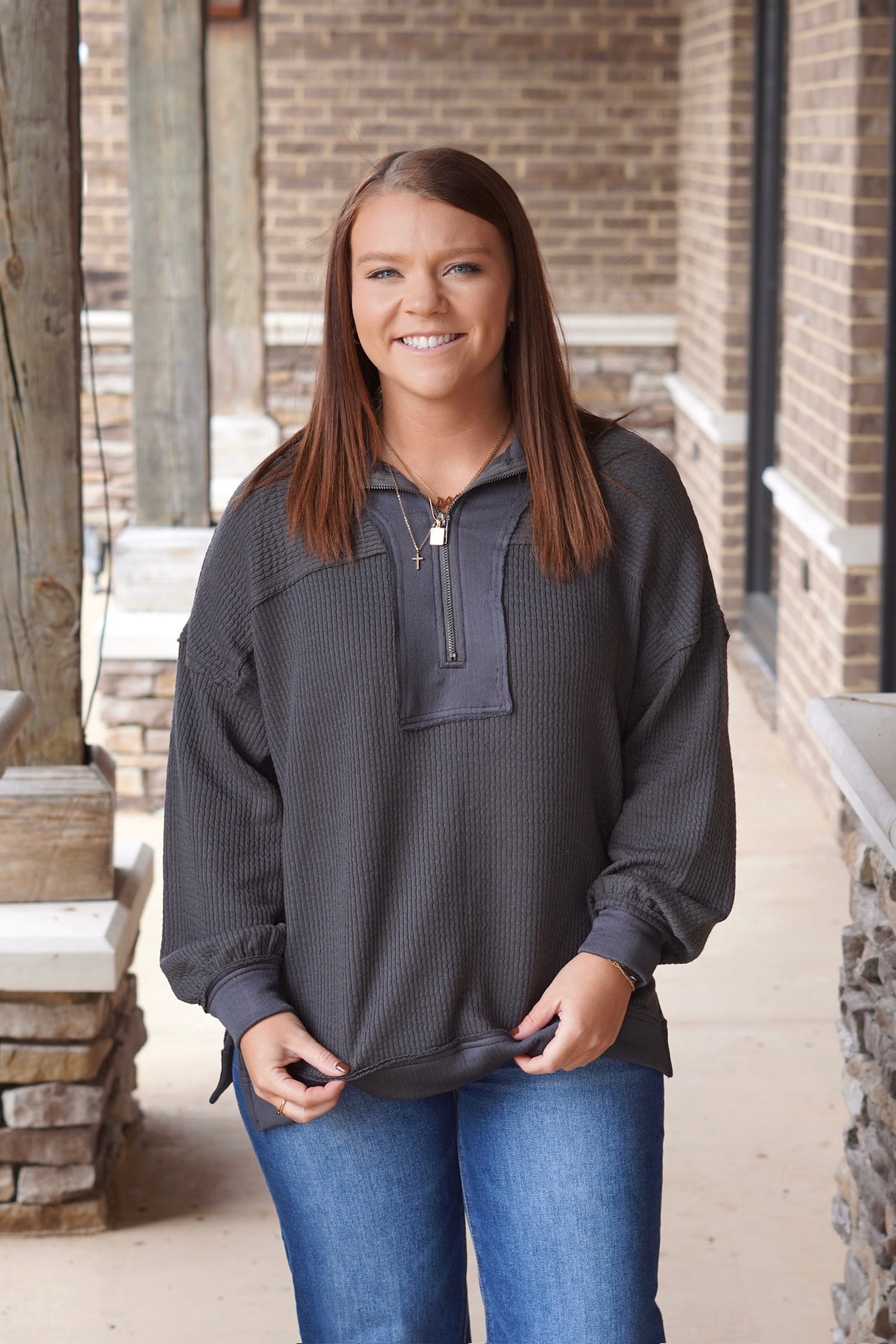Hayden Half Zip Casual Pullover, Half Zip, Collar Neckline, Long Sleeves, Full Length, Relaxed Fit, Colors: Charcoal, Waffle Knit