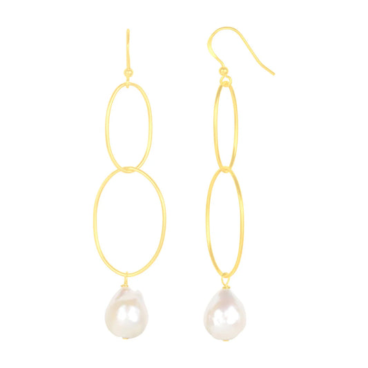  double-loop silhouette and pearl drop, 
18k gold plated sterling silver, freshwater pearls, 2.5" length, nickel-free and hypoallergenic