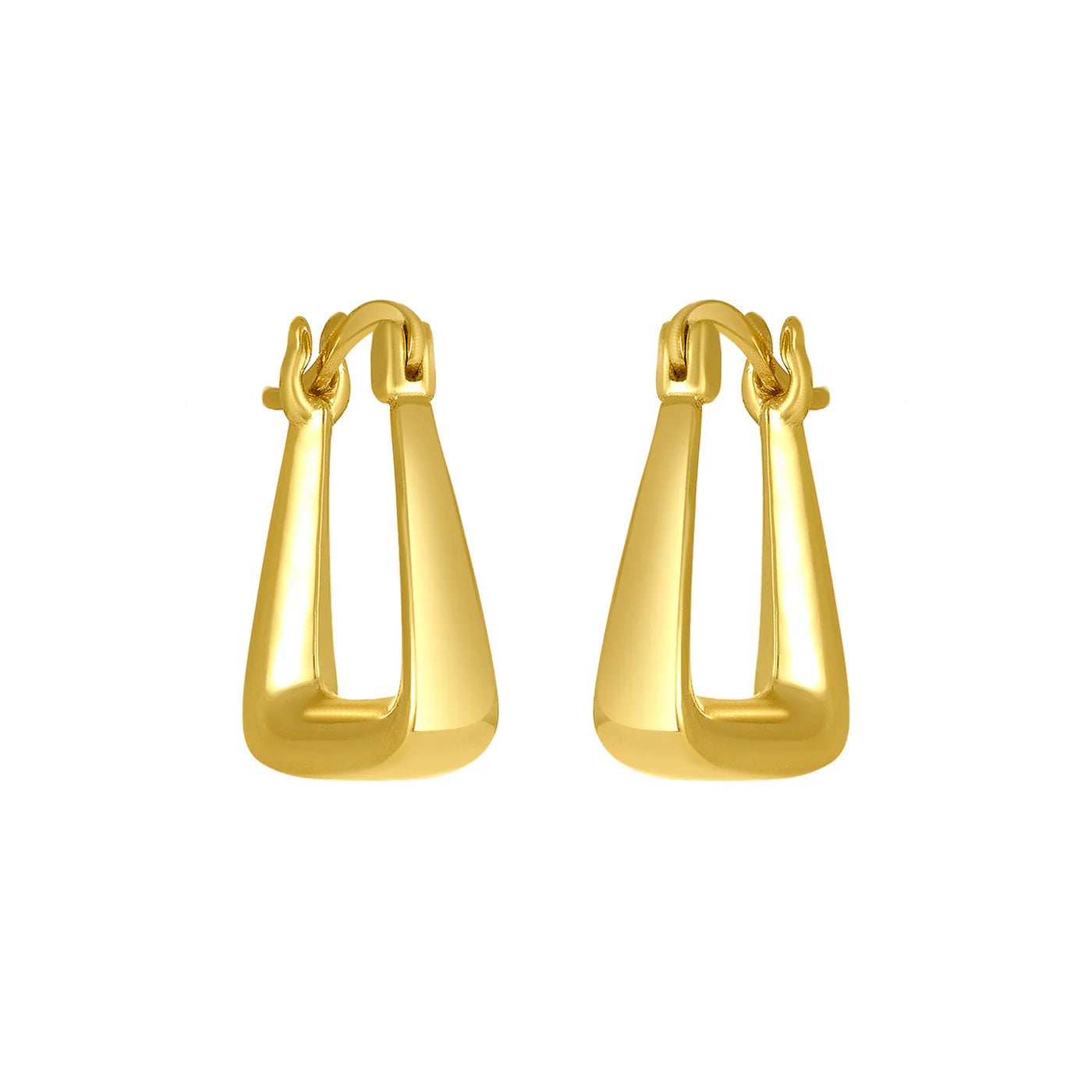 Gold hoop earrings with a unique trapezoid shape. 