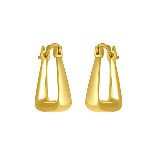 Gold hoop earrings with a unique trapezoid shape. 