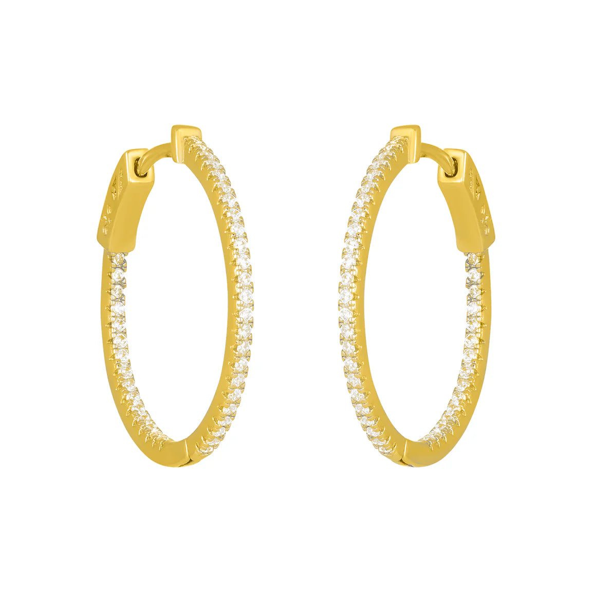 skinny crystal hoop huggie, 18k gold plated 925 sterling silver, cubic zirconia, 25mm diameter. Hypoallergenic.