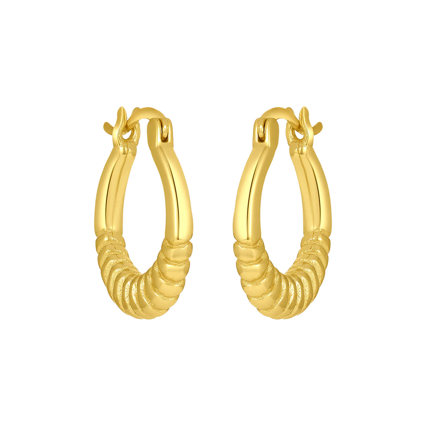 Gold hoops with a ribbed design on the bottom half. 