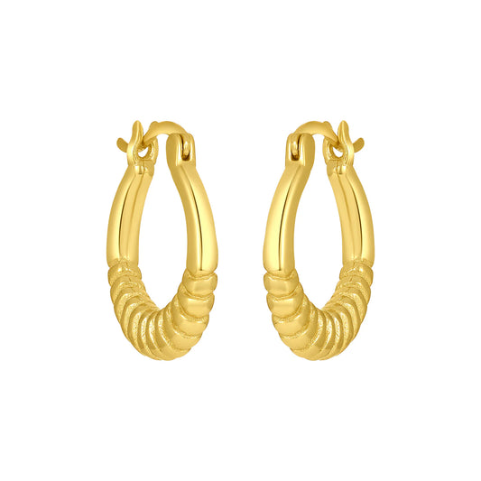 Gold hoops with a ribbed design on the bottom half.