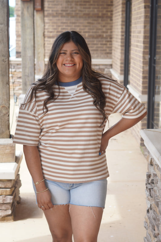 Tan Contrast Striped Tee