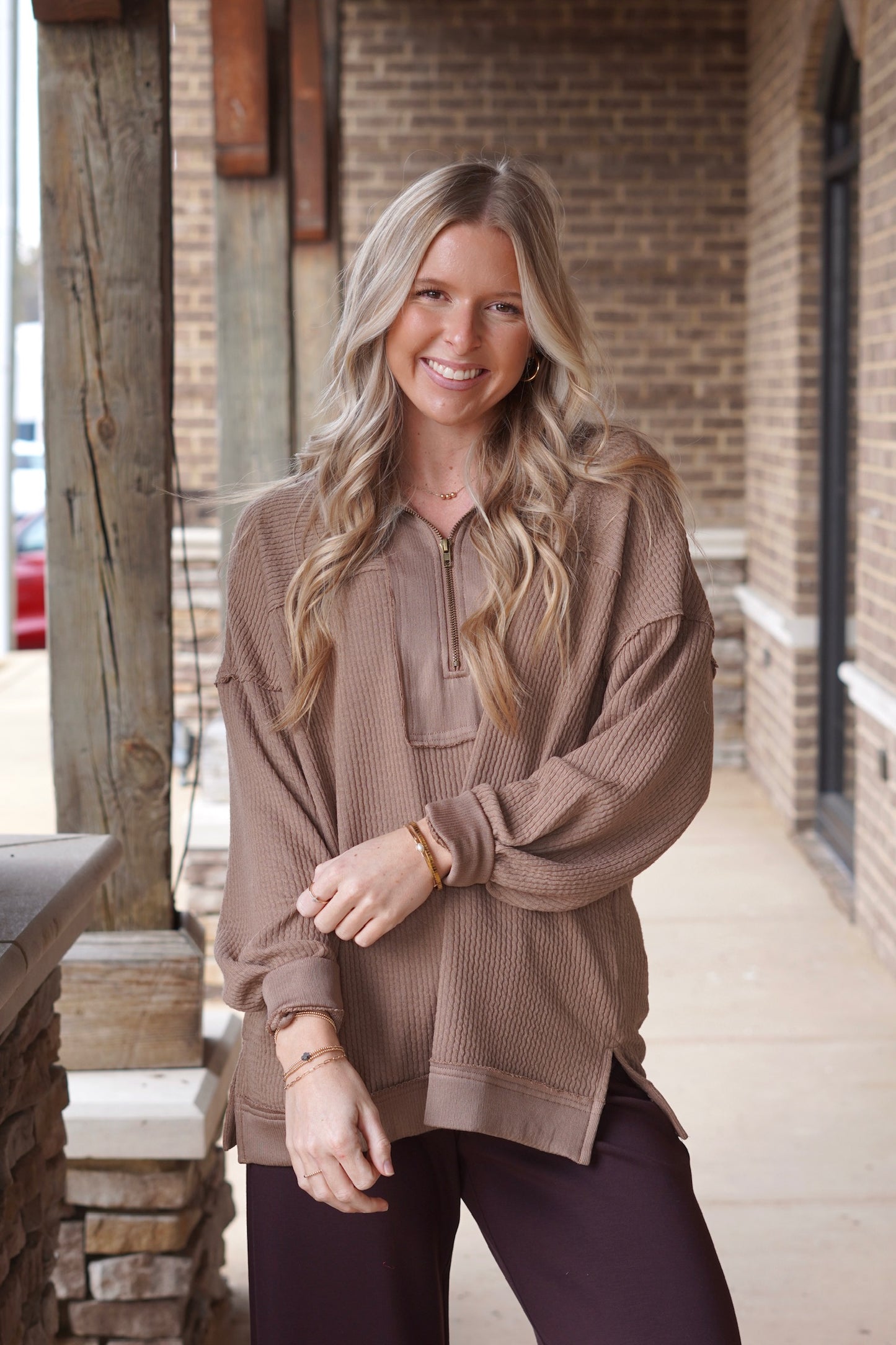 Hayden Half Zip Casual Pullover, Half Zip, Collar Neckline, Long Sleeves, Full Length, Relaxed Fit, Colors: Mocha, Waffle Knit