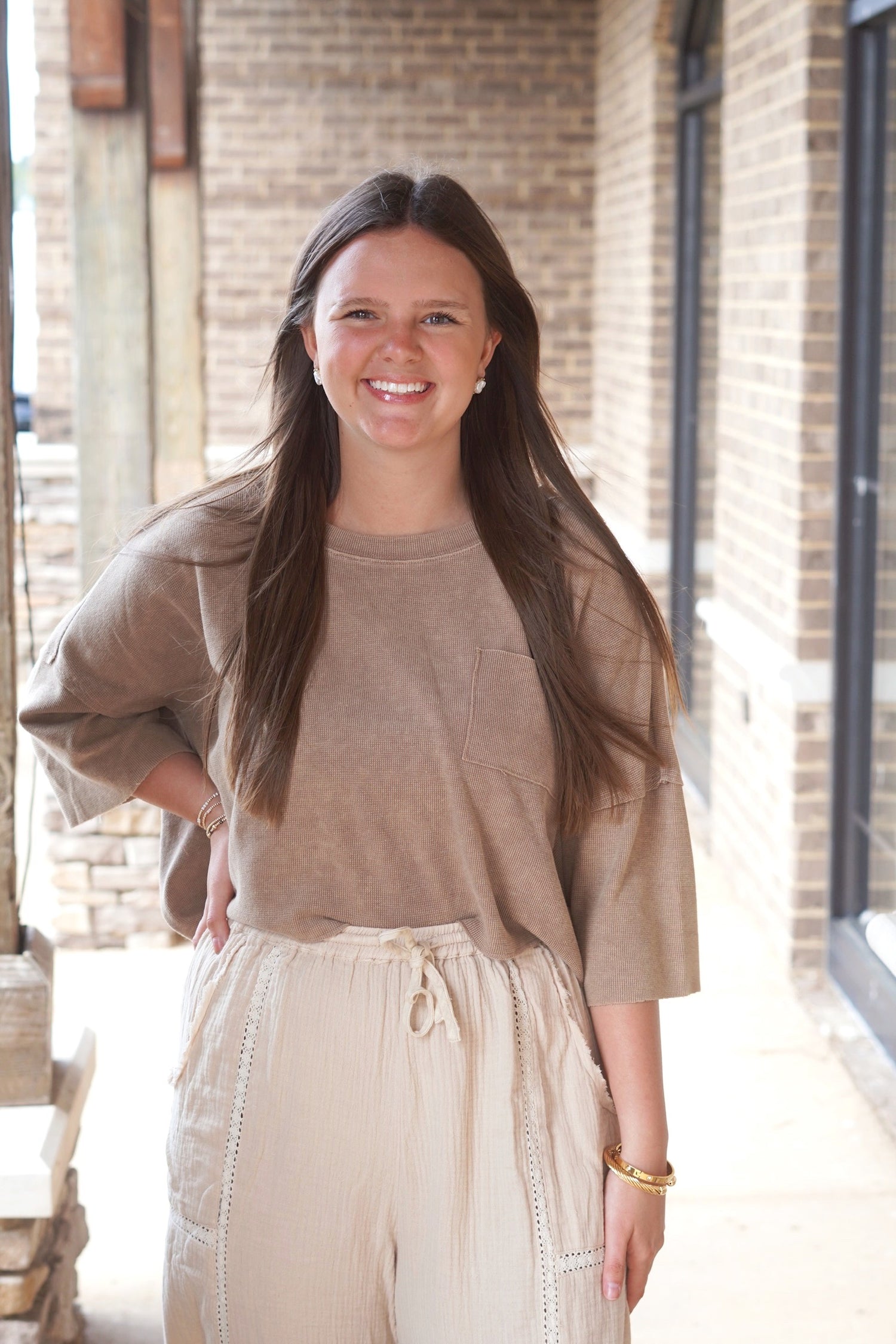 coco short sleeve pocket tee, round neckline, cropped, relaxed fit. 
