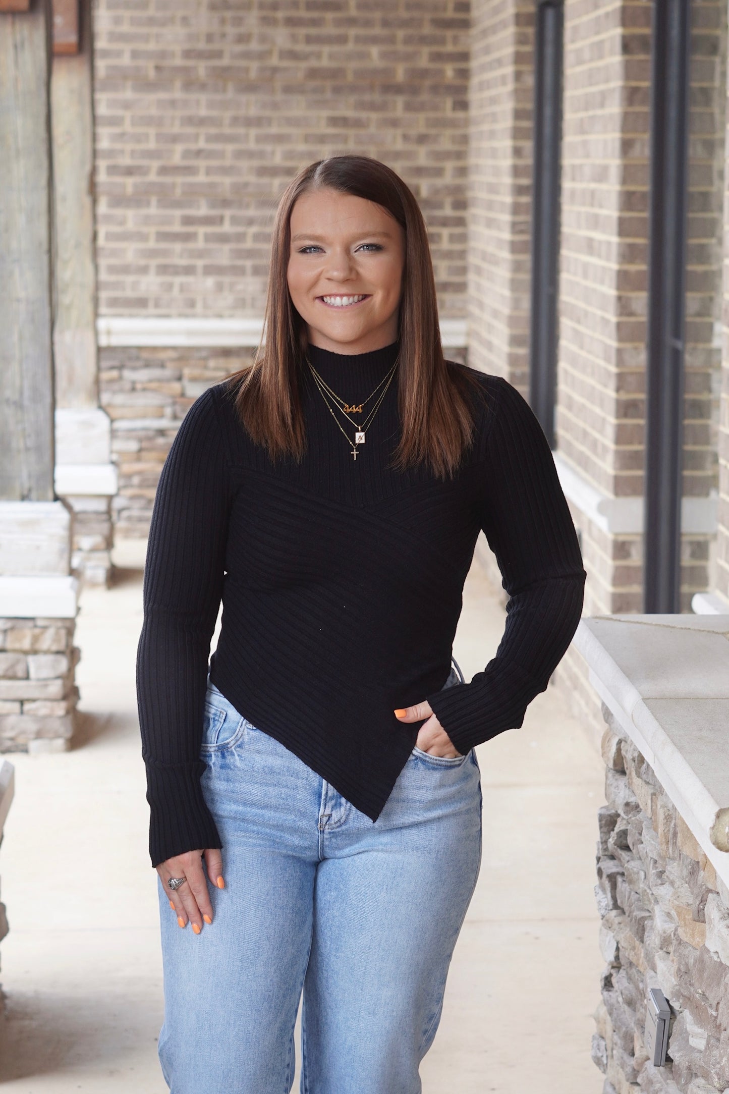 Ashton Asymmetrical Long Sleeve Top, Mock Neckline, Long Sleeves, Asymmetrical, Knit, Color:Black, fitted. 